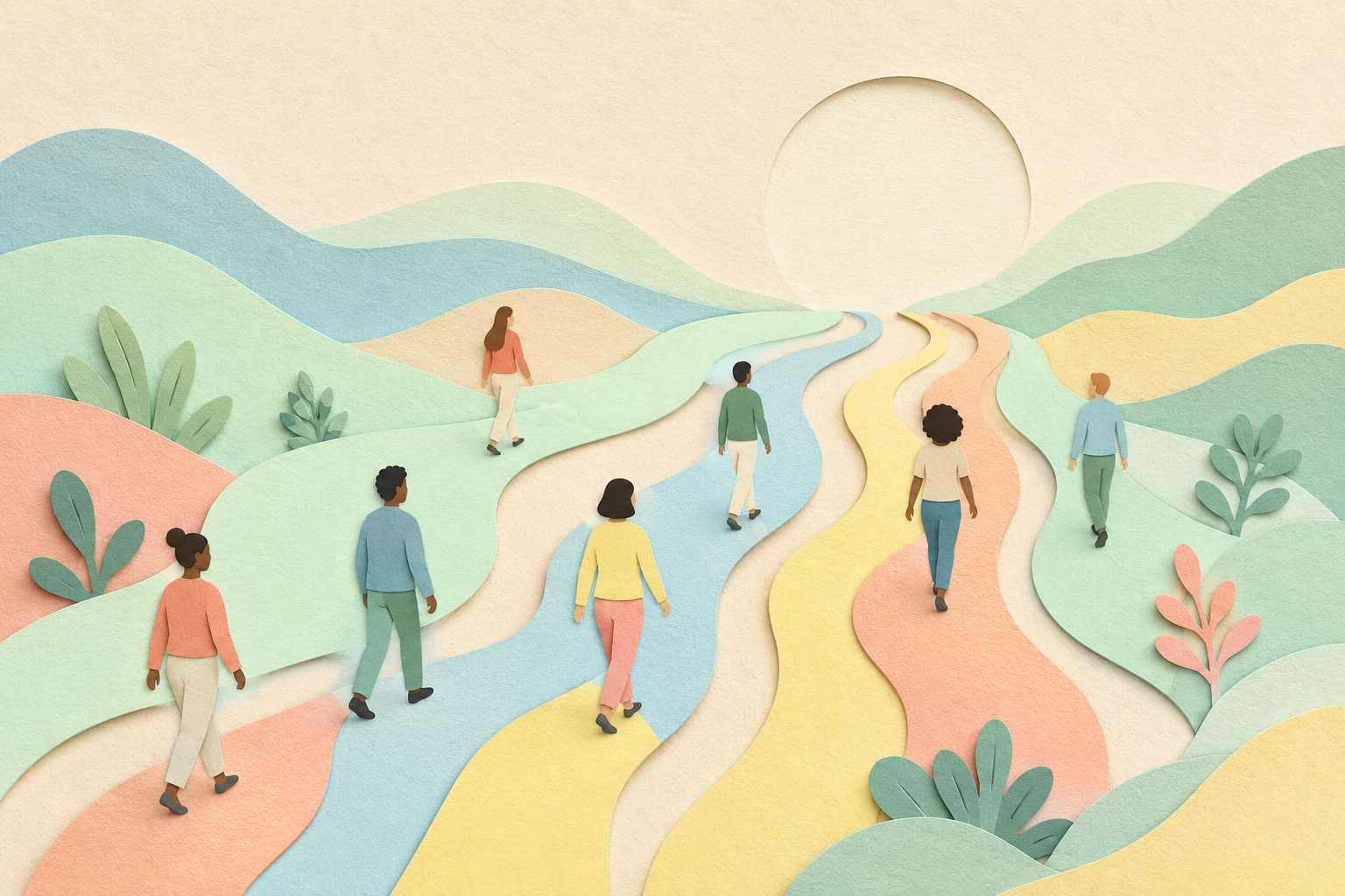 personnes sur des chemin différents avancants vers un même but