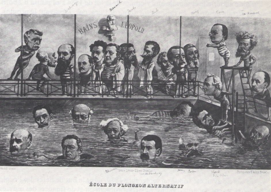« Ecole du plongeon alternatif » par Amand. Caricature illustrant l’alternance au pouvoir des catholiques et des libéraux pendant la première partie du règne de Léopold II.
