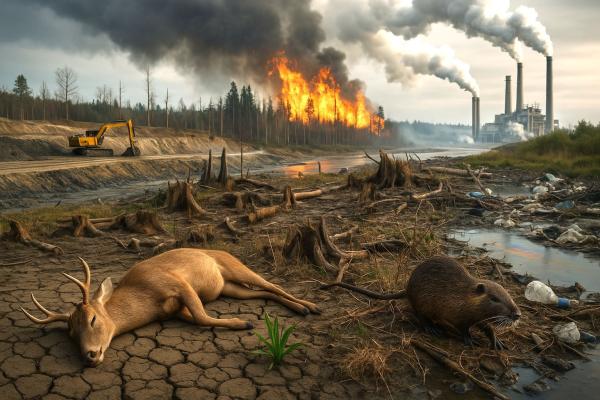 image d'un cerf mort devant une usine