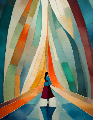 Femme marchant dans un tunnel coloré