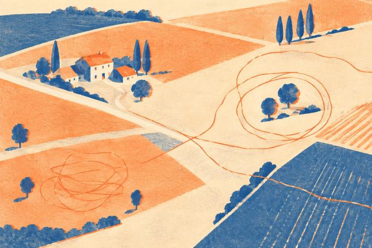 maison et champs traversés par des lignes