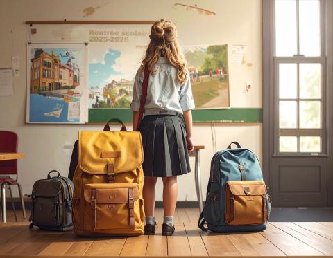 Ecolière avec des sacs à dos énormes
