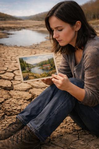 Femme regardant une image de nature dans un paysage désert
