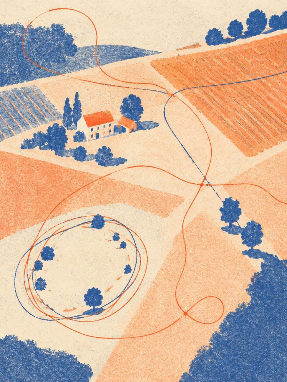 maison et champs traversés par des lignes