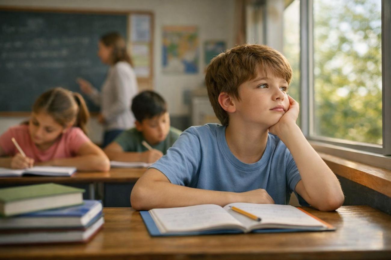 Enfant en classe regardant par la fenêtre
