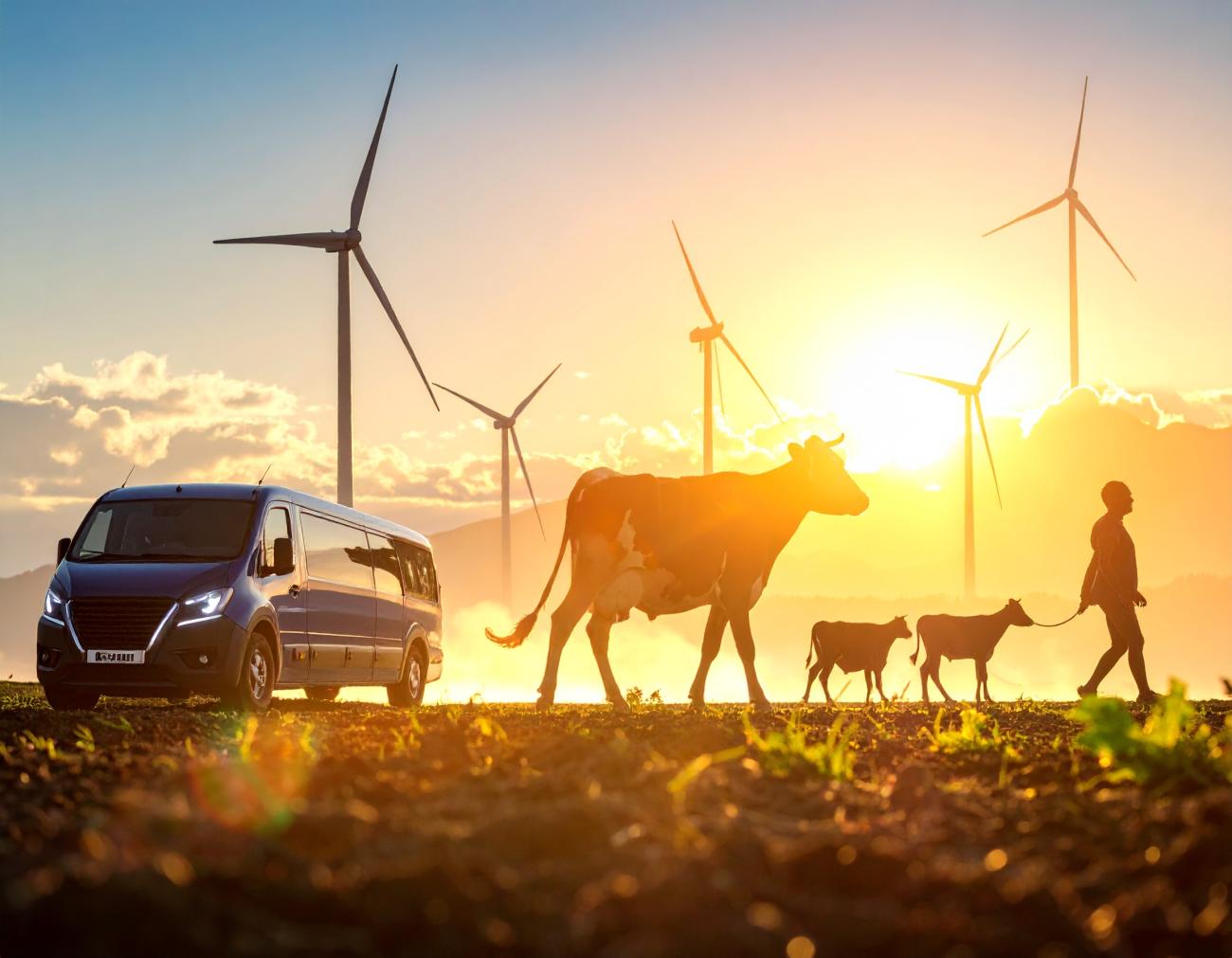 Image d'une voiture, de vaches et d'un homme marchant